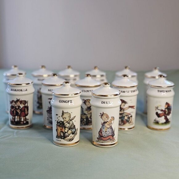 MJ Hummel ARS AG 1987 Switzerland 13 Spice Jars Made in Japan - Vintage Cottage - Picture 1 of 14